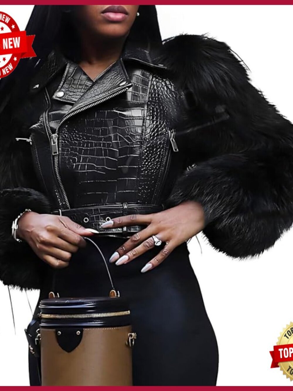 Cropped PU Leather Moto Jacket with Faux Fur Sleeves and Belt